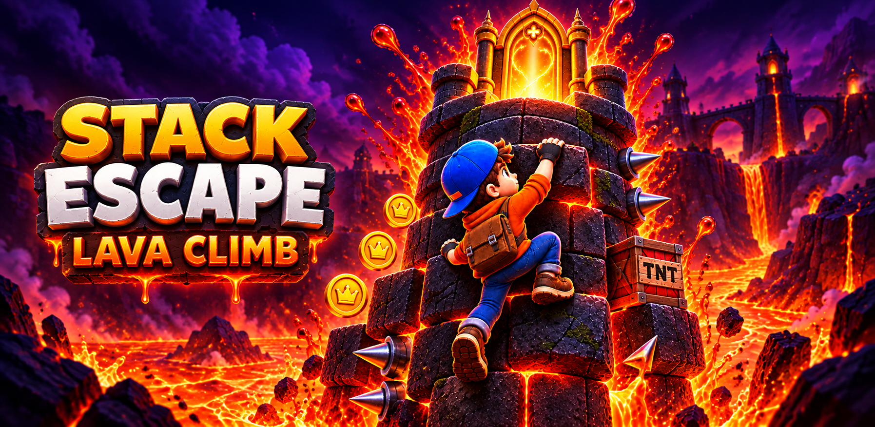 Stack Escape: Lava Climb — a young climber scaling a dangerous gothic tower above glowing lava